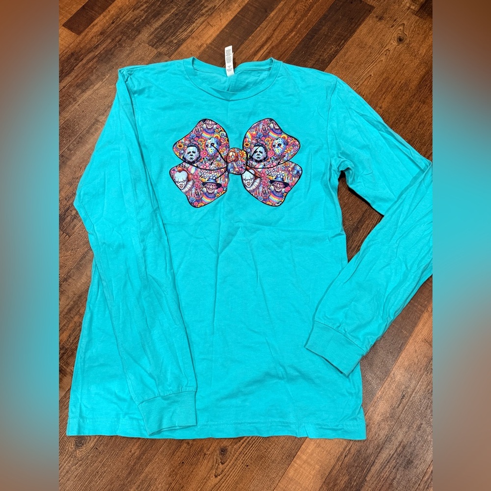 Bella Canvas Turquoise Long-Sleeve Tee with Colorful Bow Graphic